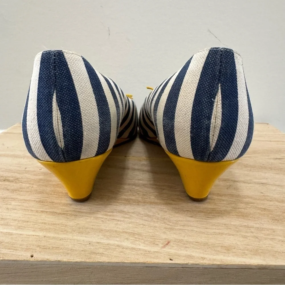 Kate Spade Navy Blue & White Stripe Yellow Detail Kitten Wedge Flats 6.5